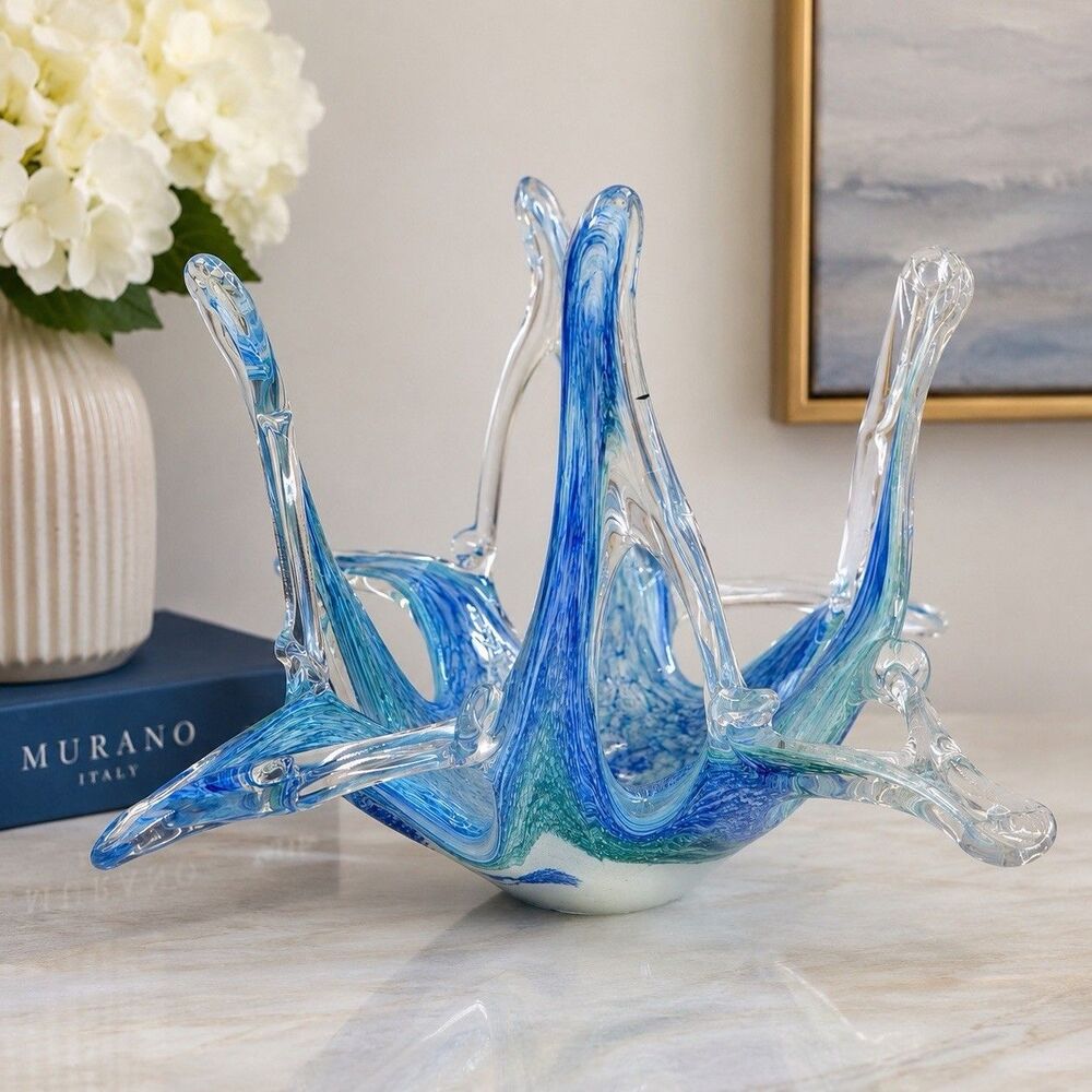 Murano Vetro Eseguito Art Glass Splash Bowl Blue White Freeform Centerpiece